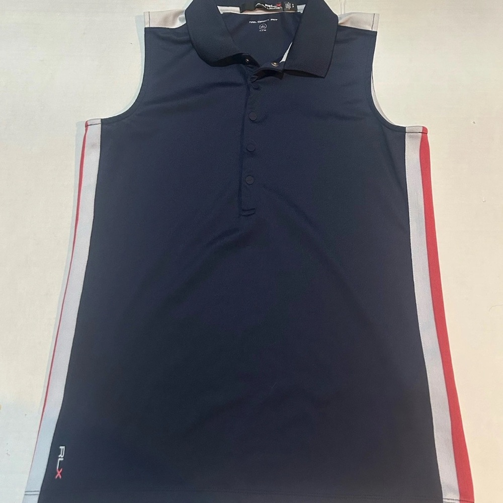 RLX Ralph Lauren Navy Sleeveless Polo with Red and White Accents Size Small P‎